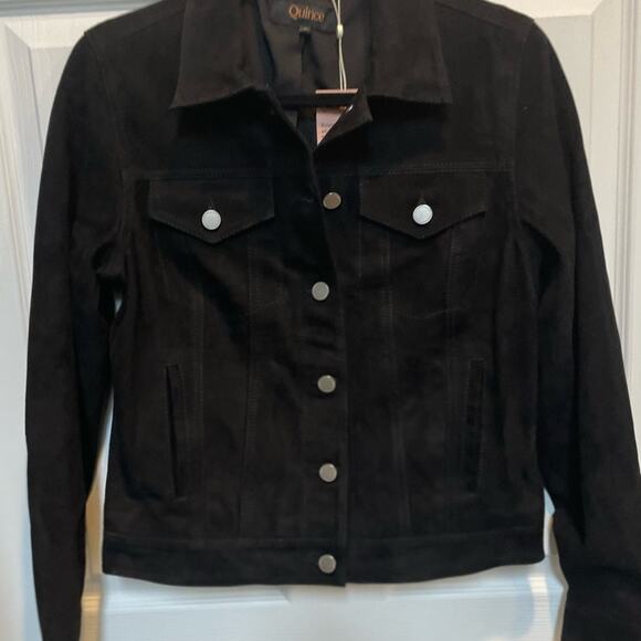 Quince Wm’s Suede Trucker Jacket Sz S Black Cropped New with tags - Picture 1 of 9